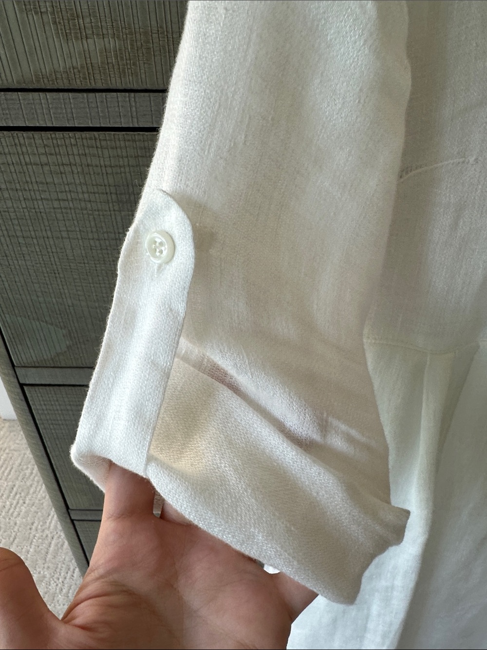 White Linen Mini Shirt Dress with Button Placket - Picture 4 of 7